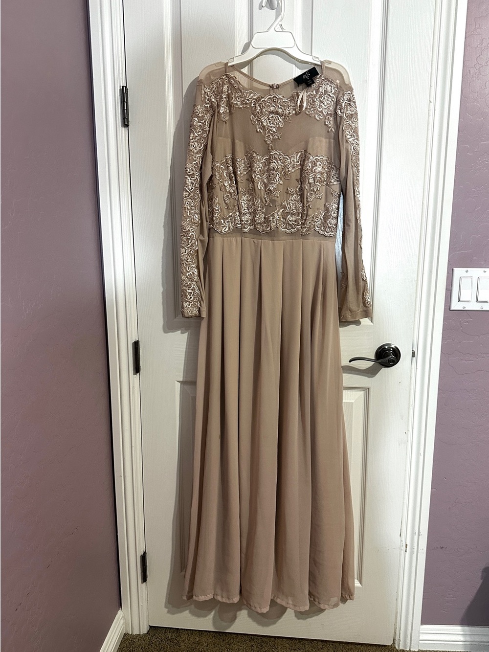 AX Paris Taupe Long Sleeve Embroidered Bodice Evening Gown